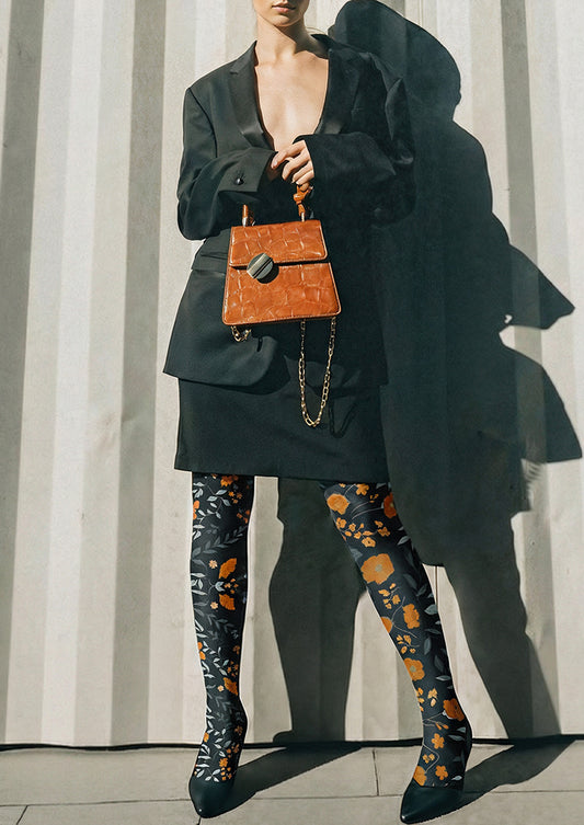 Black Orange Floral Tights Hosiery Pantyhose