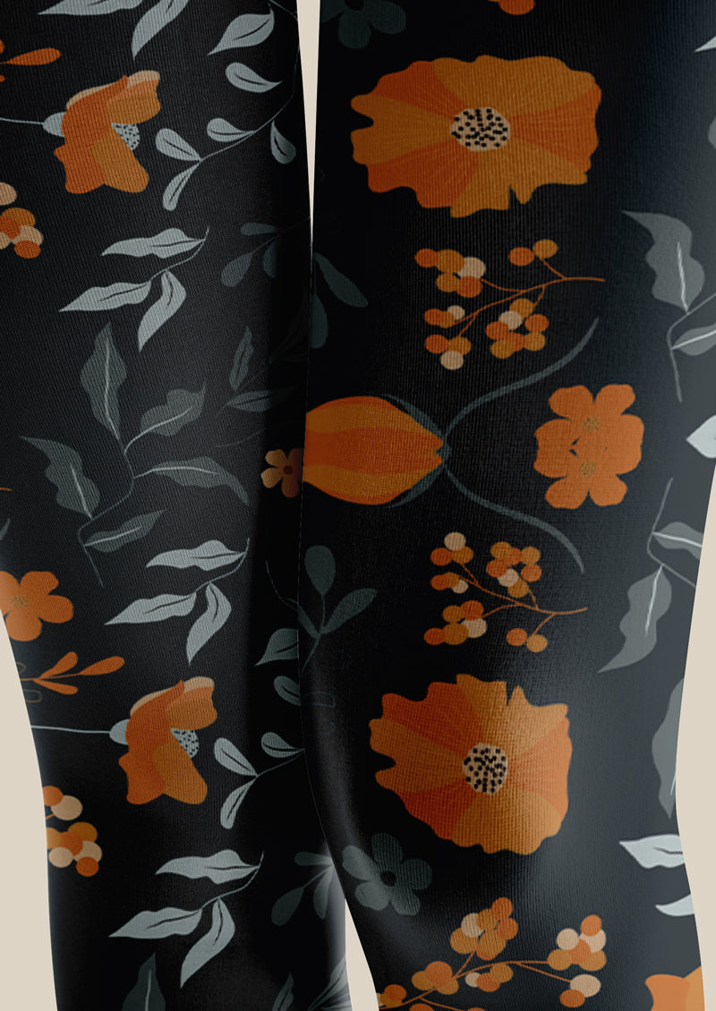 Black Orange Floral Tights Hosiery Pantyhose