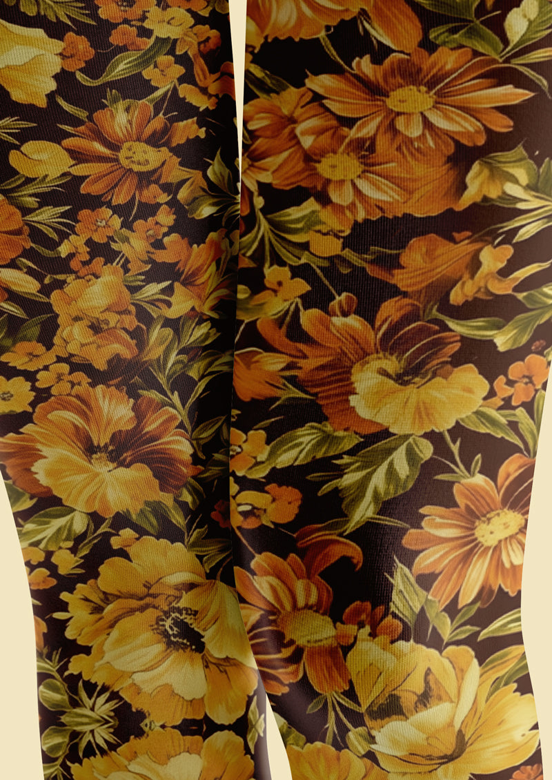Brown Vintage Yellow Floral Tights Hosiery Pantyhose