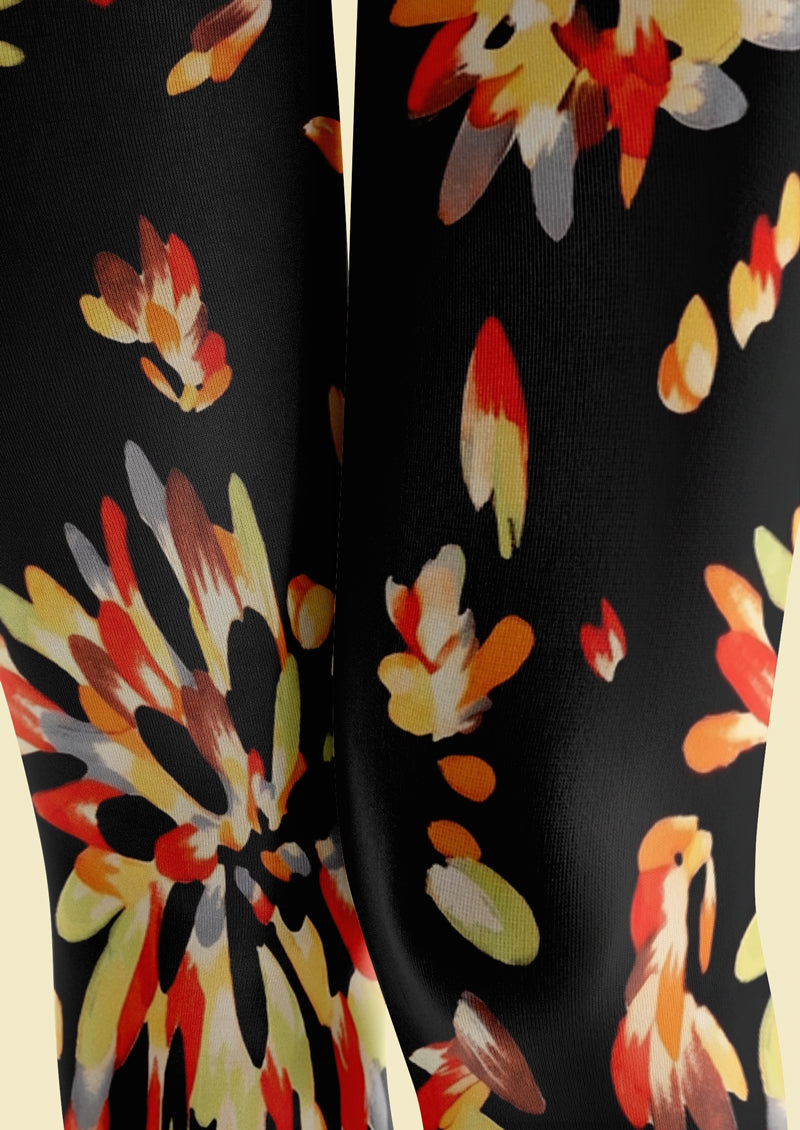 Black Orange Red Firework Floral Tights Hosiery Pantyhose