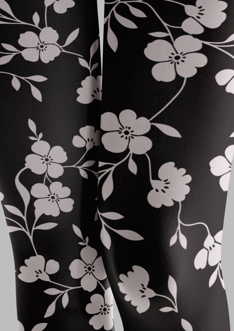 Black White Floral Printed Tights Hosiery Pantyhose