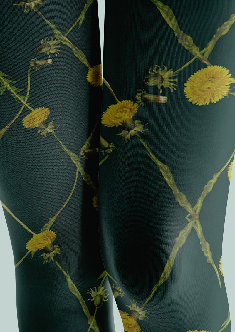 Green Yellow Floral Grid Tights Hosiery Pantyhose
