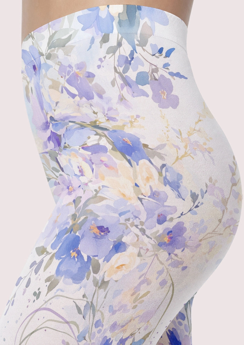 White Blue Watercolor Floral Footless Tights