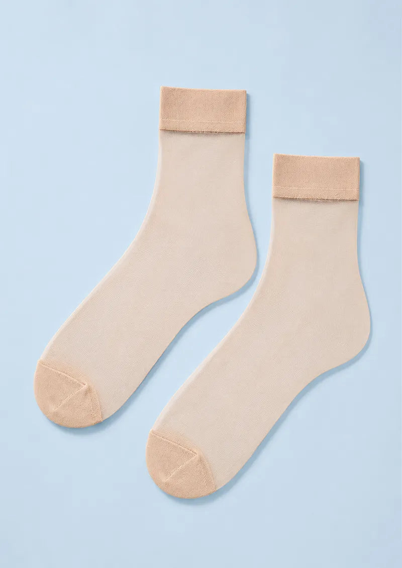 Soft Beige Solid Sheer Cuff Ankle Socks