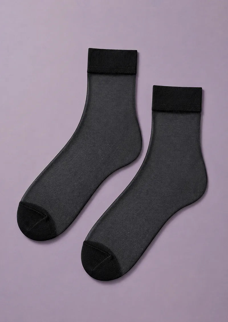 Black Solid Sheer Cuff Ankle Socks
