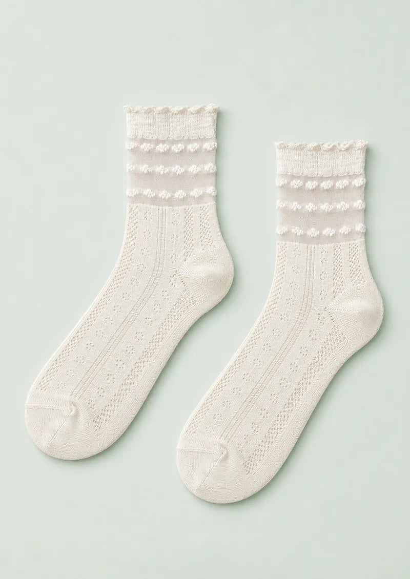 Ivory Floral Pointelle Ruffle Cuff Ankle Socks
