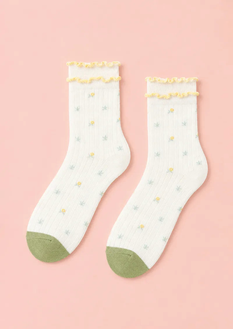 Ivory Tiny Floral Ruffle Cuff Ankle Socks