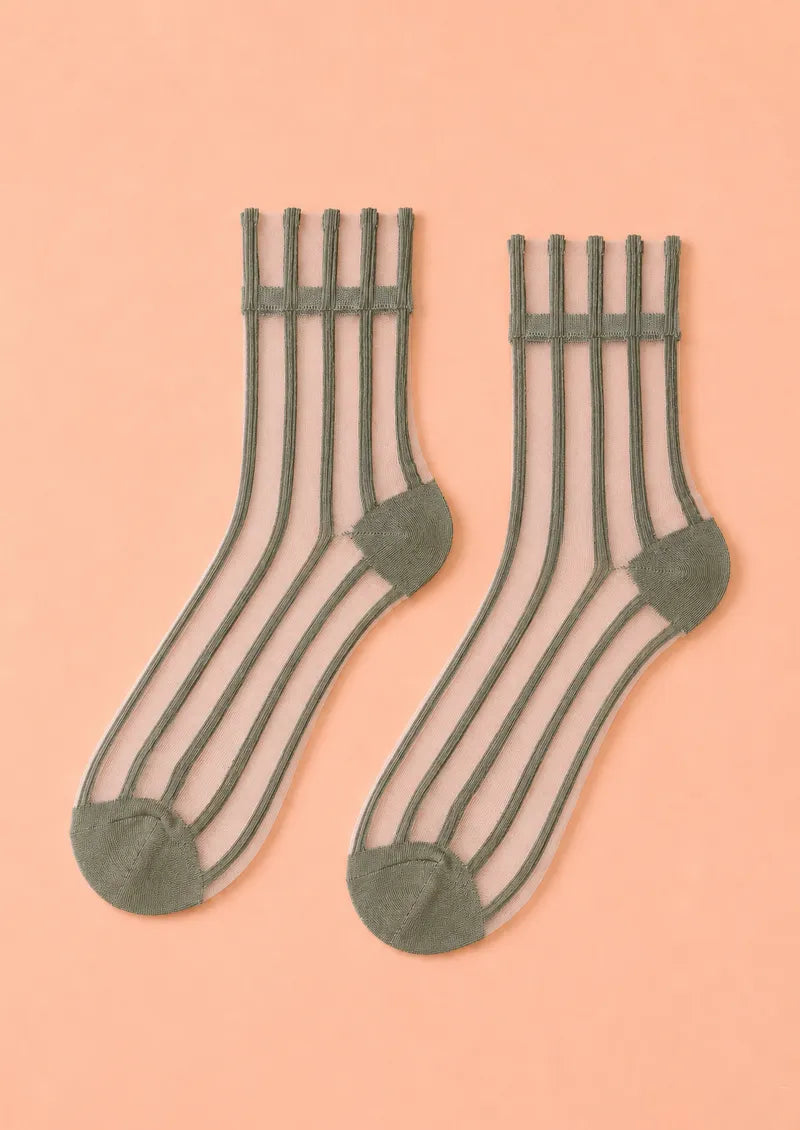 Olive Sheer Vertical Stripe Short socks