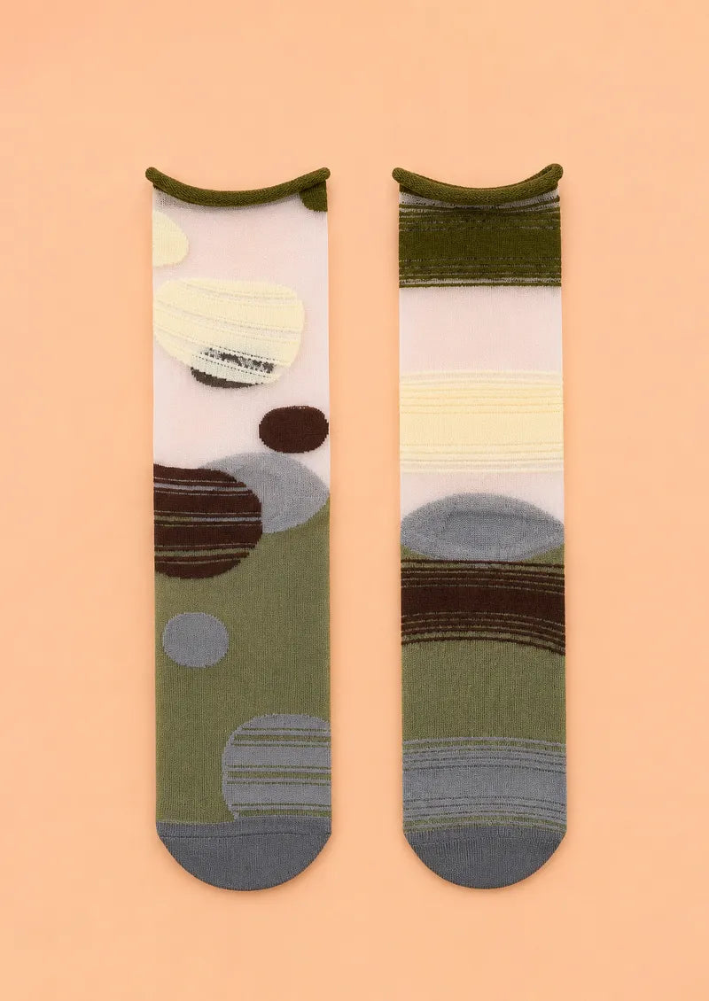 Olive Abstract Circle Jacquard Knit Short Socks