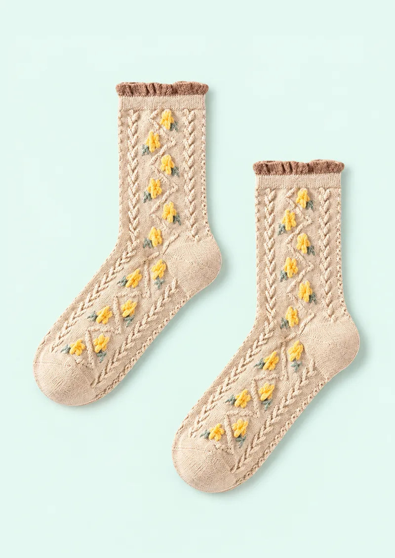 Beige Yellow Floral Openwork Crew Socks