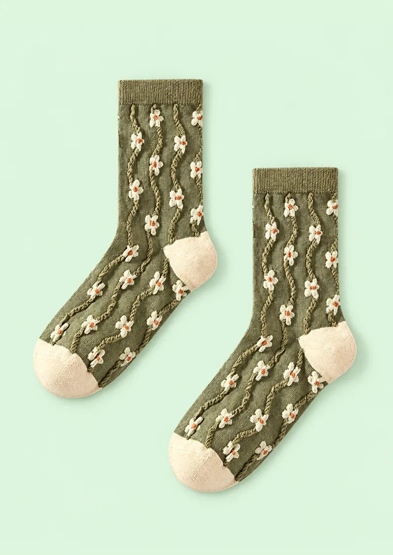 Green White Floral Crew Socks
