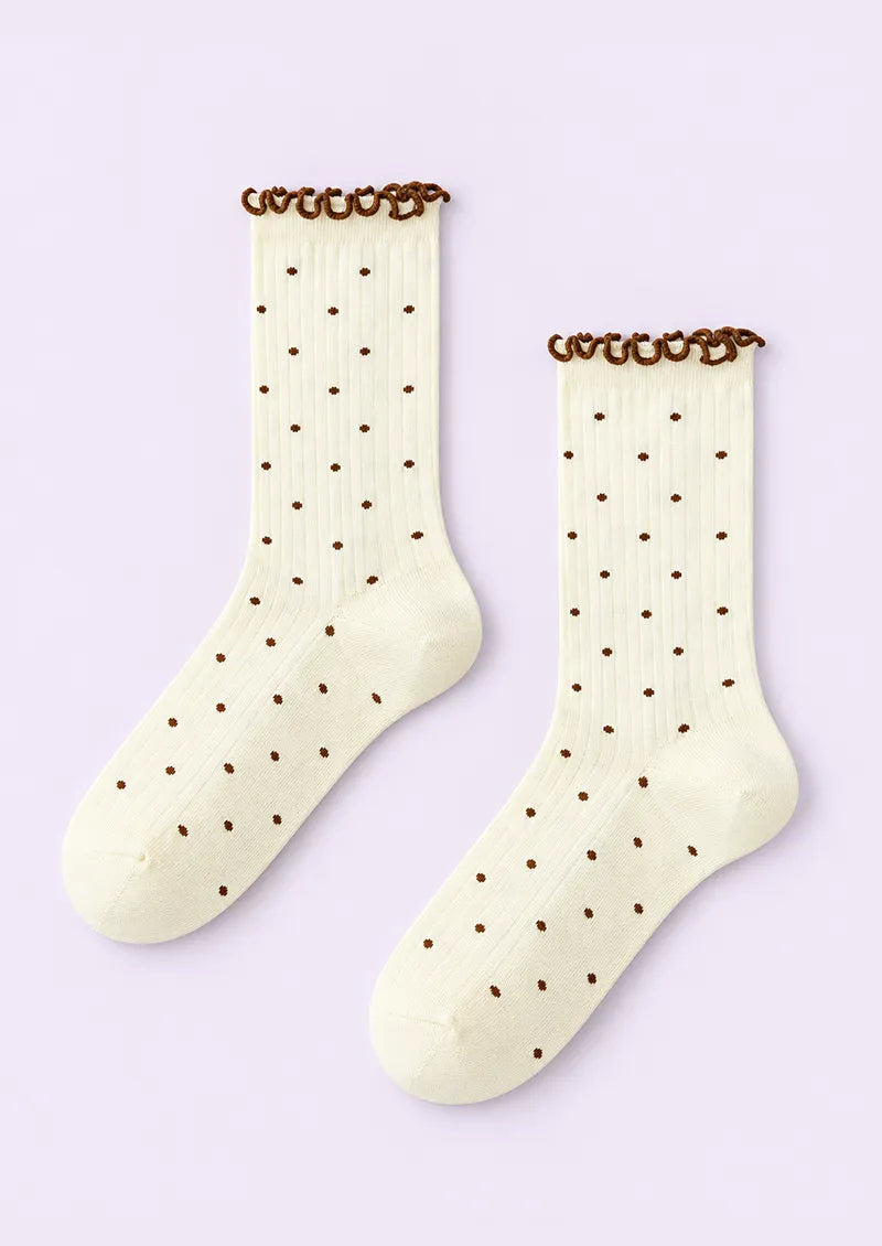 Gray Black Polka Dot Ribbed Crew Socks