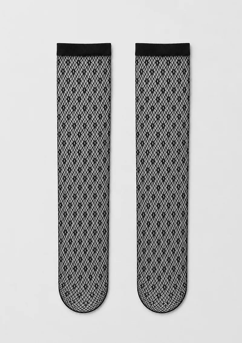Black Dotted Diamond Fishnet Knee-High Socks