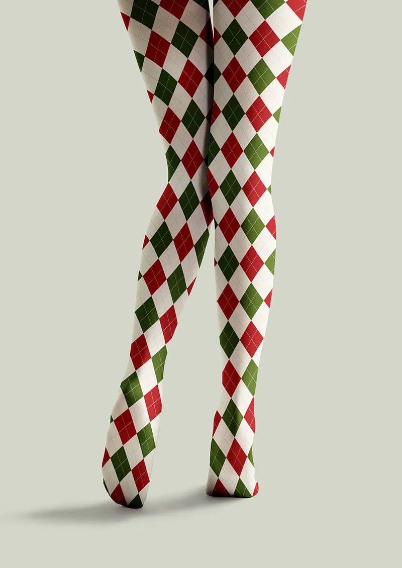 Christmas Holly Jolly Grid Patterned Tights Hosiery Pantyhose