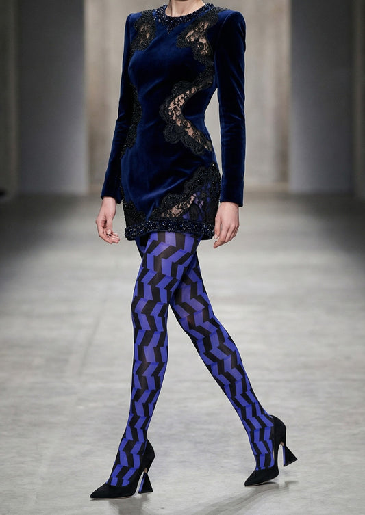 Blue Black Geometric Wave Tights Hosiery Pantyhose