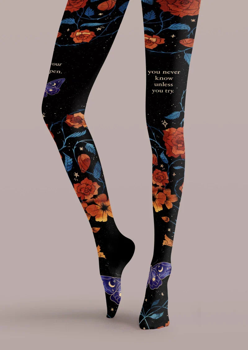 Black Colorful Floral Tights Hosiery Pantyhose