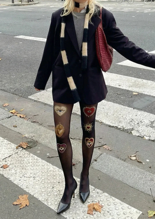 Black Heart Decor Graphic Tights Hosiery Pantyhose