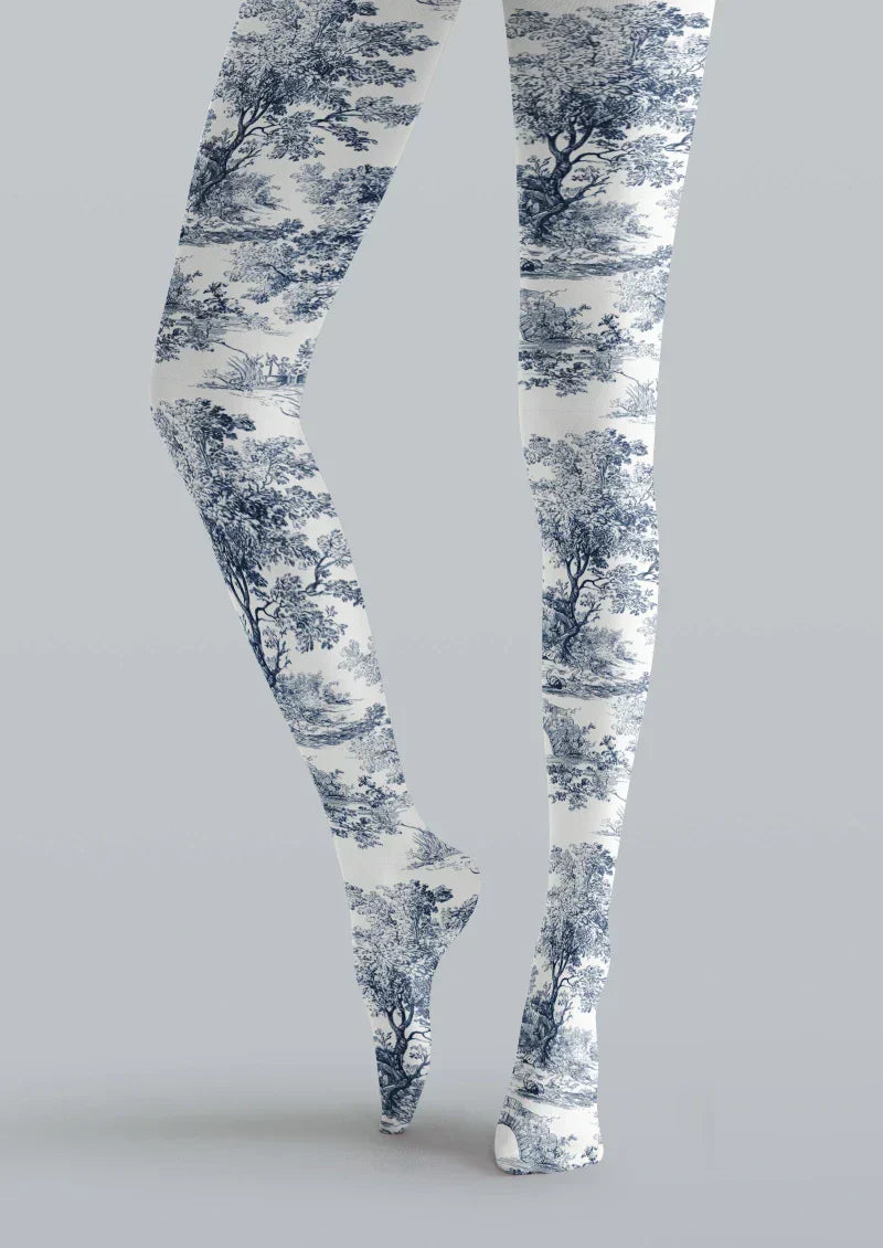 Blue White Floral Jacquard Tights Hosiery Pantyhose