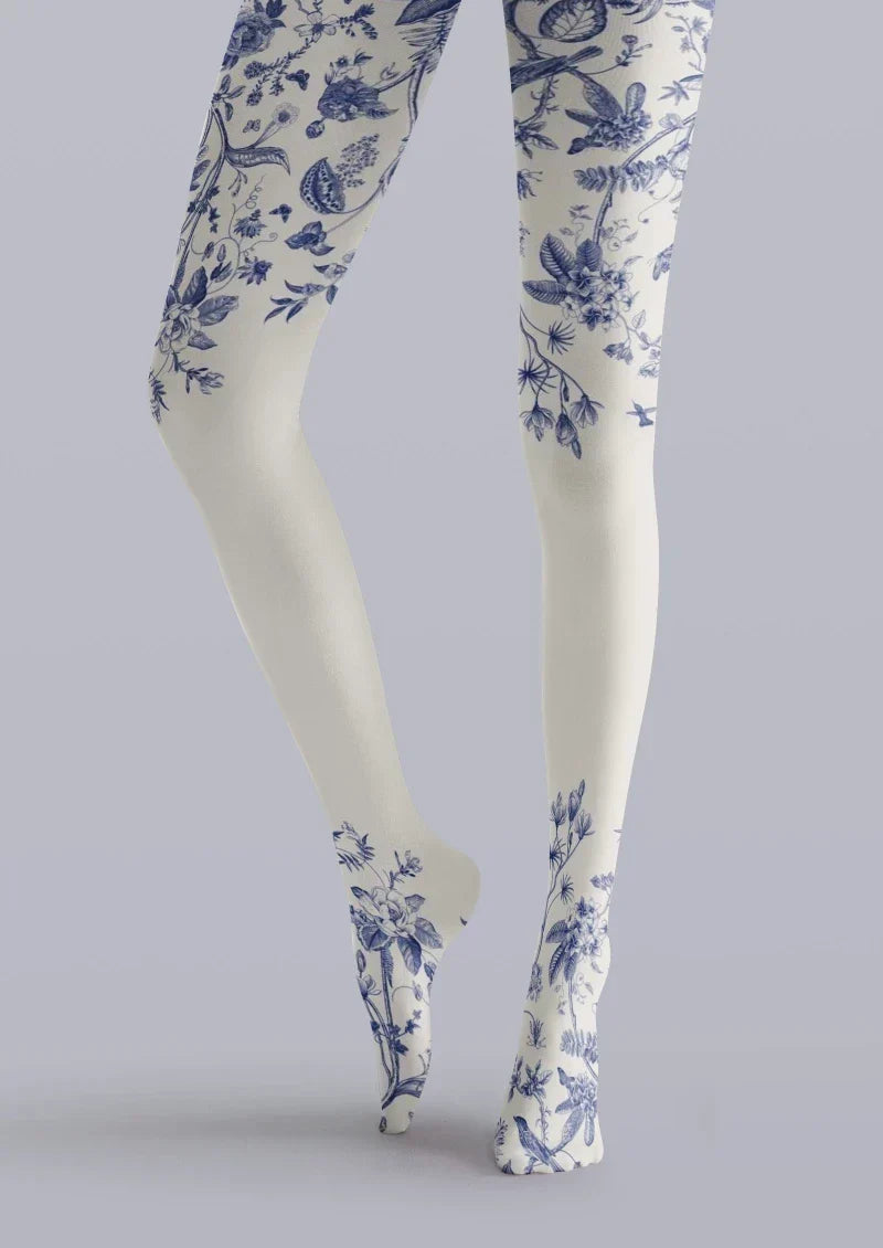 Blue White Porcelain Floral Tights Hosiery Pantyhose