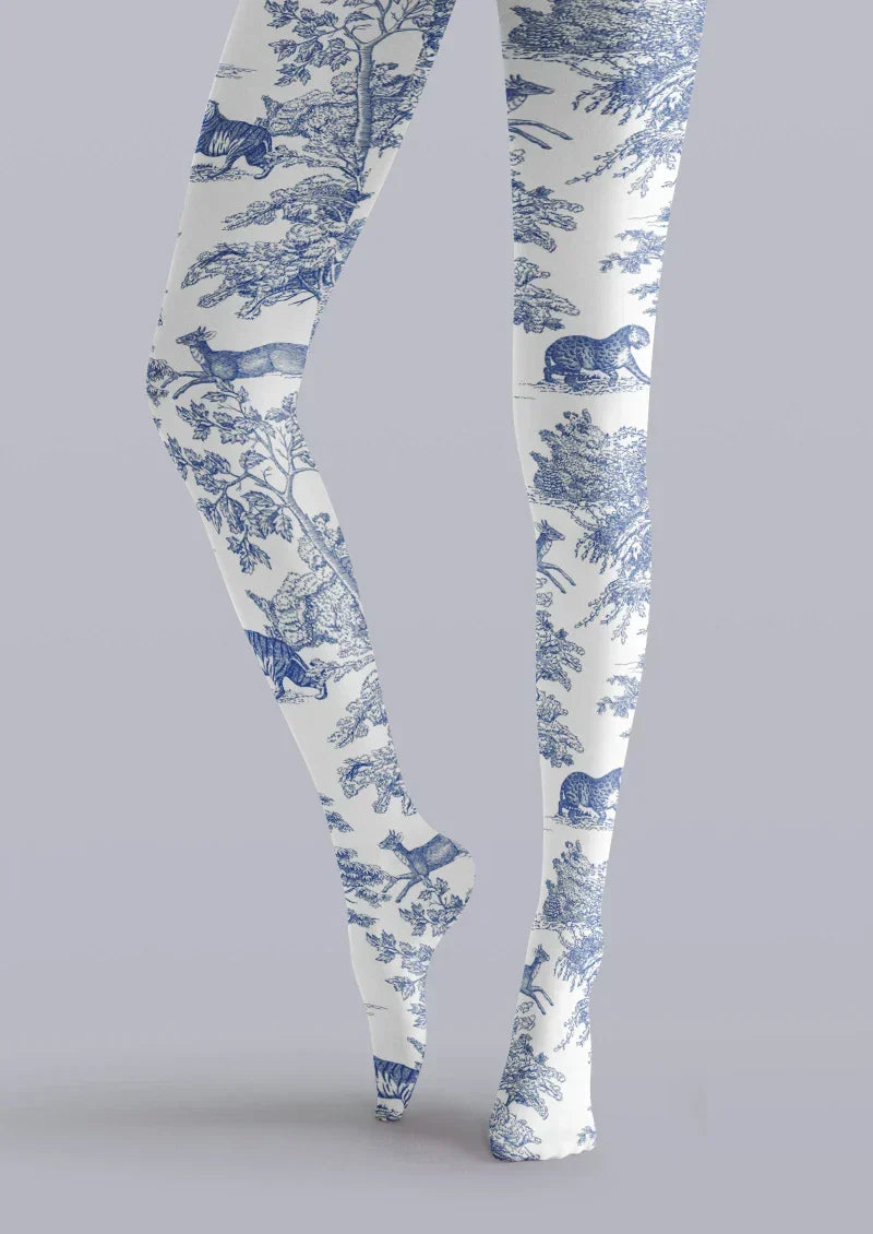 Blue White Porcelain Floral Tights Hosiery Pantyhose