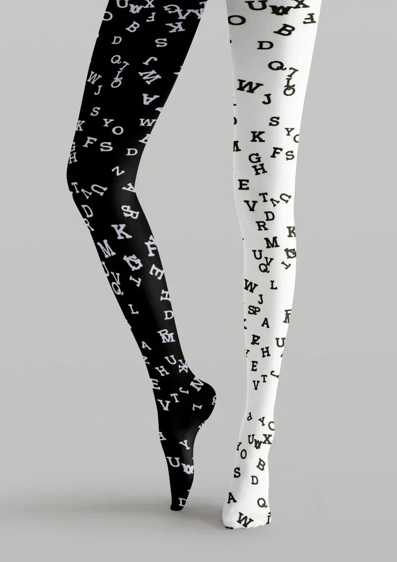 White Black Letter Graphic Tights Hosiery Pantyhose