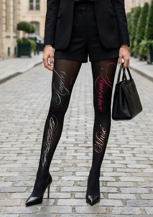 Black White Handwritten Text Tights Hosiery Pantyhose
