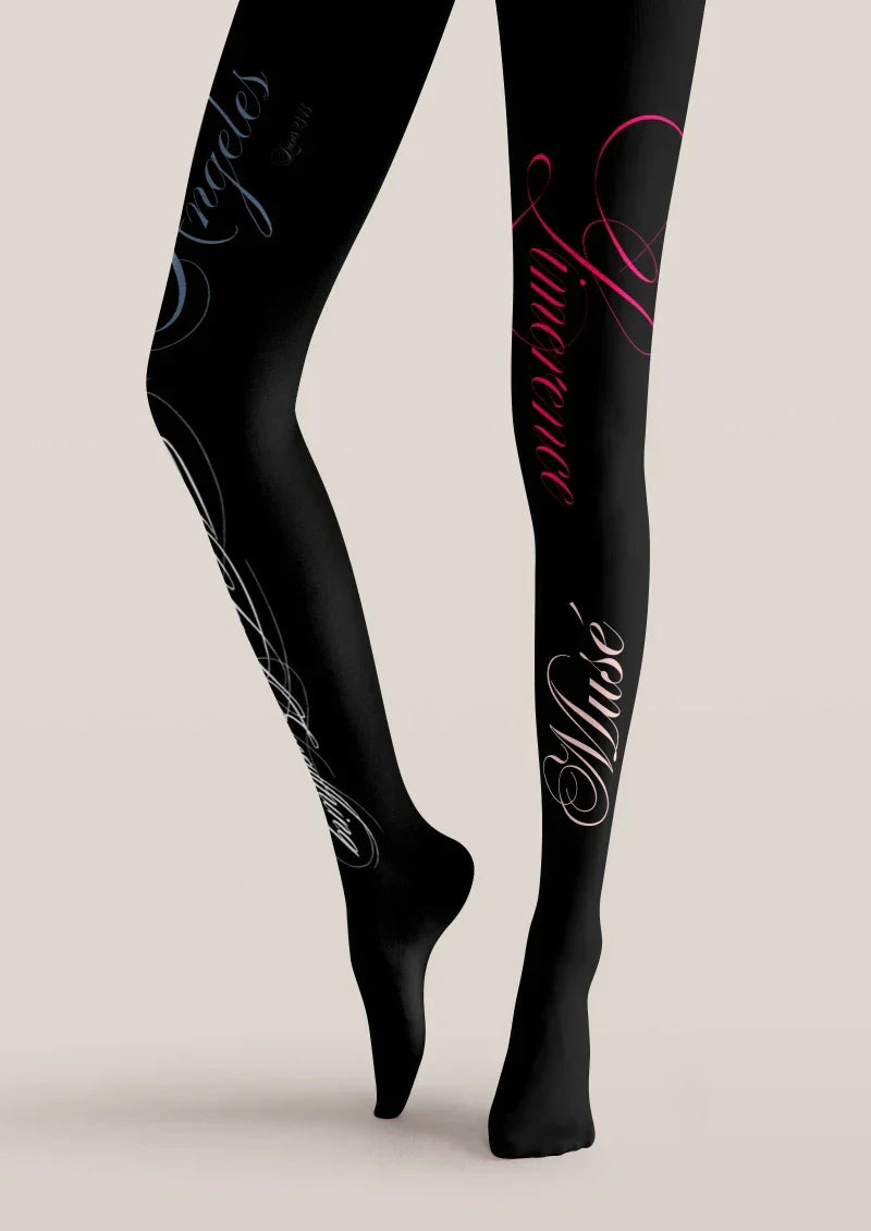 Black White Handwritten Text Tights Hosiery Pantyhose