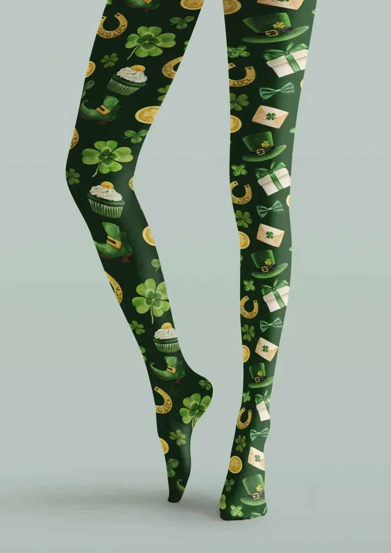 Green Gold Clover Graphic Tights Hosiery Pantyhose