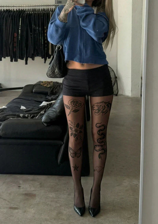 Brown Floral Tattoo Graphic Tights Hosiery Pantyhose