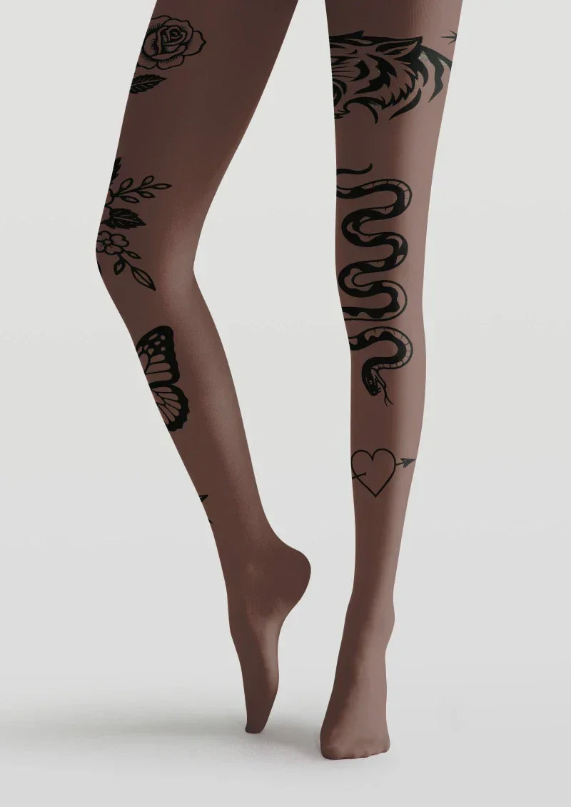 Brown Floral Tattoo Graphic Tights Hosiery Pantyhose