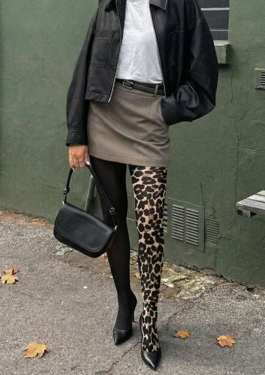 Black Leopard Print Tights Hosiery Pantyhose