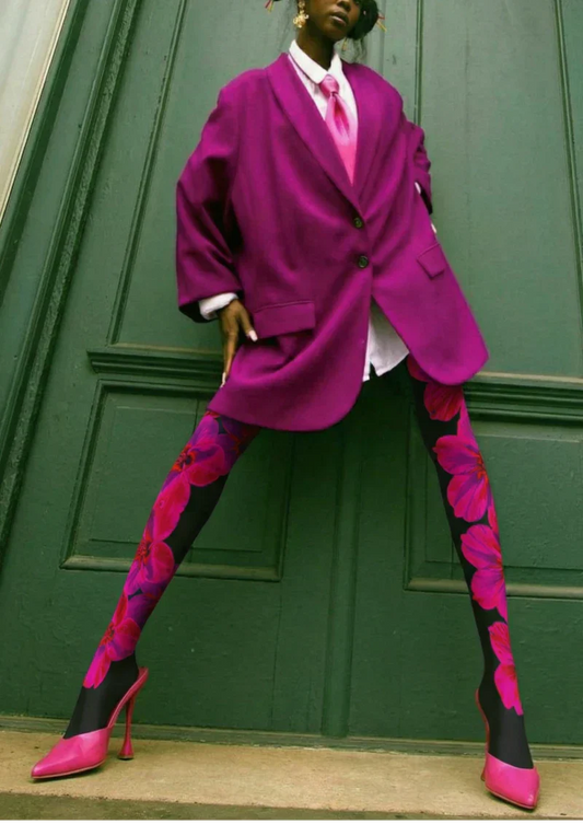 Black Pink Hibiscus Floral Tights Hosiery Pantyhose