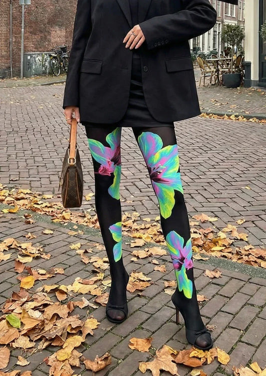 Black Colorful Leaf Floral Tights Hosiery Pantyhose