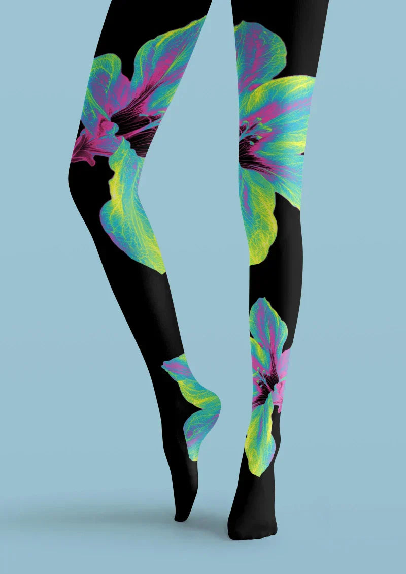 Black Colorful Leaf Floral Tights Hosiery Pantyhose
