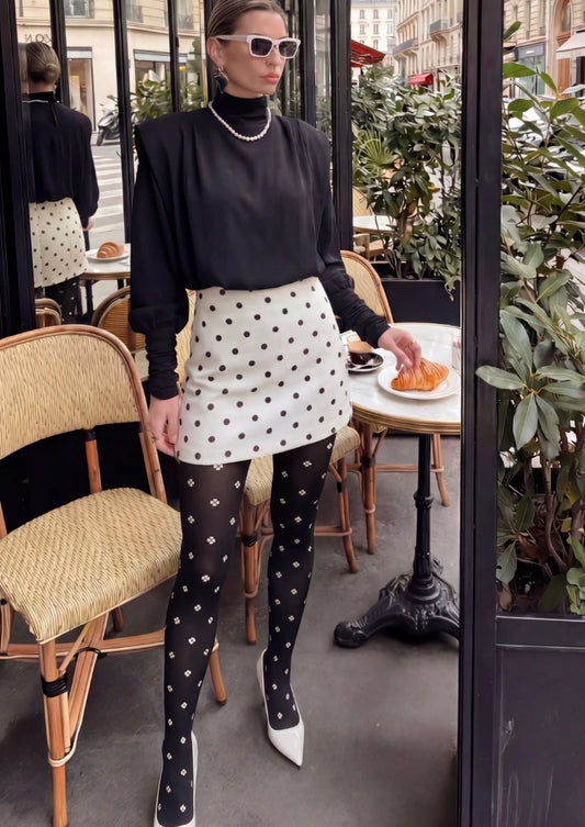 Black White Floral Polka Dot Tights Hosiery Pantyhose