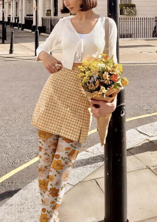 White Yellow Brown Floral Print Tights Hosiery Pantyhose