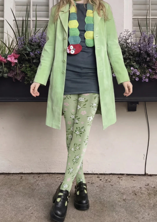 Green White Small Floral Print Tights Hosiery Pantyhose