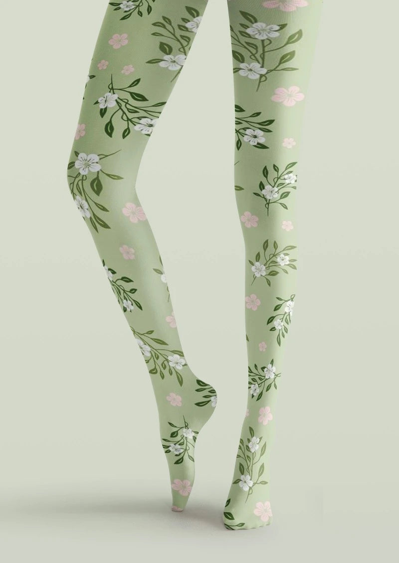 Green White Small Floral Print Tights Hosiery Pantyhose