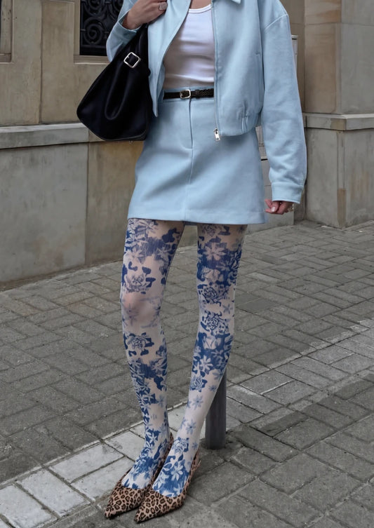 White Blue Floral Print Tights Hosiery Pantyhose