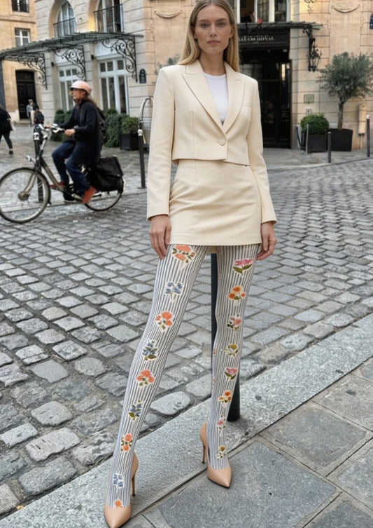 White Blue Striped Floral Print Tights Hosiery Pantyhose