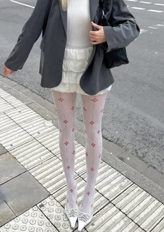 White Red Cross Pattern Tights Hosiery Pantyhose