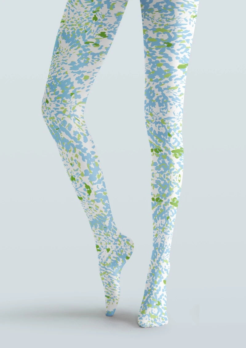White Blue Green Floral Print Tights Hosiery Pantyhose