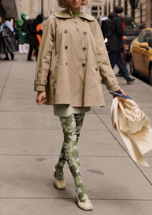 White Green Floral Print Tights Hosiery Pantyhose