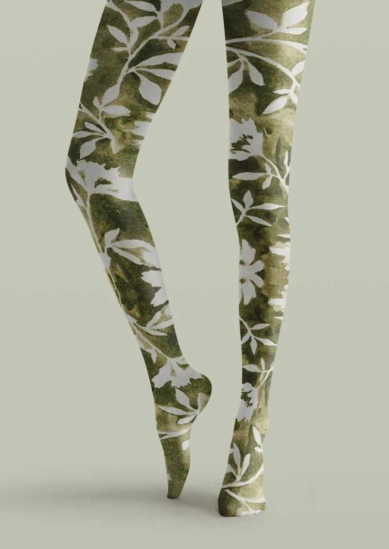 White Green Floral Print Tights Hosiery Pantyhose