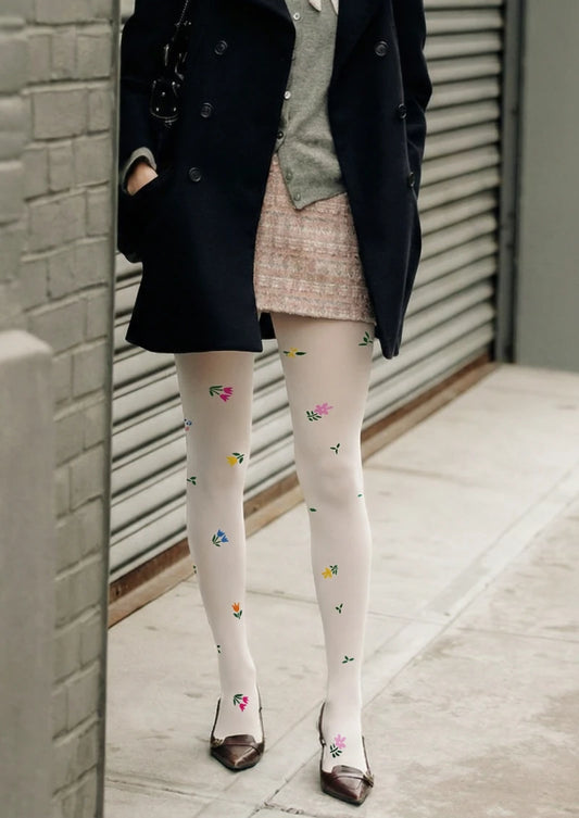 White Multicolor Small Floral Print Tights Hosiery Pantyhose