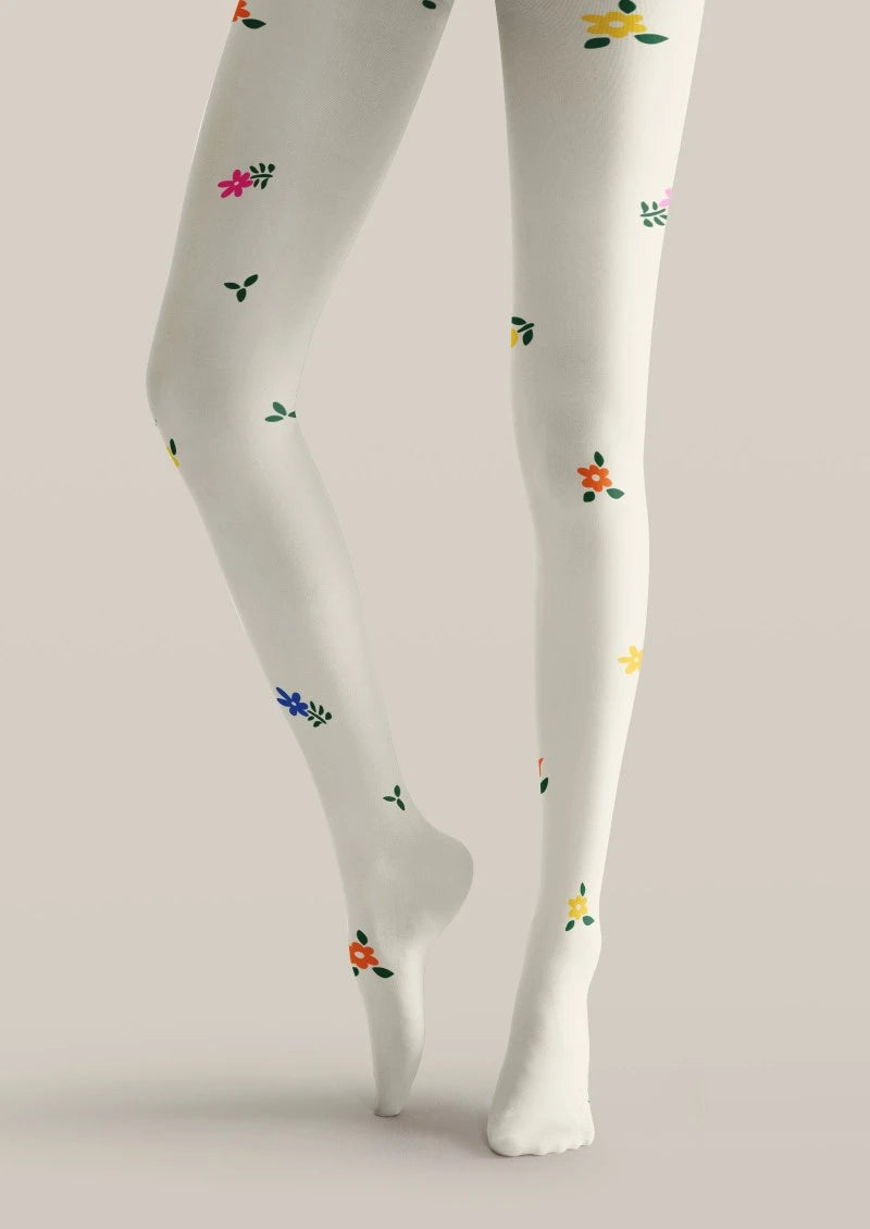 White Multicolor Small Floral Print Tights Hosiery Pantyhose