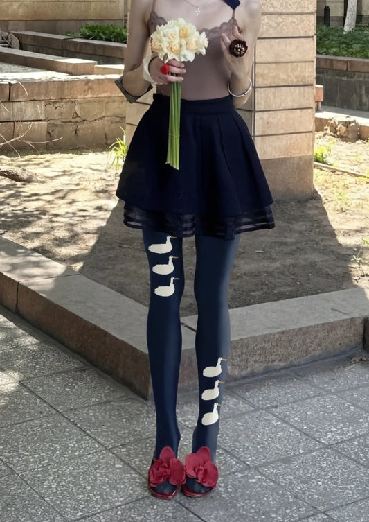 Black White Duck Graphic Tights Hosiery Pantyhose