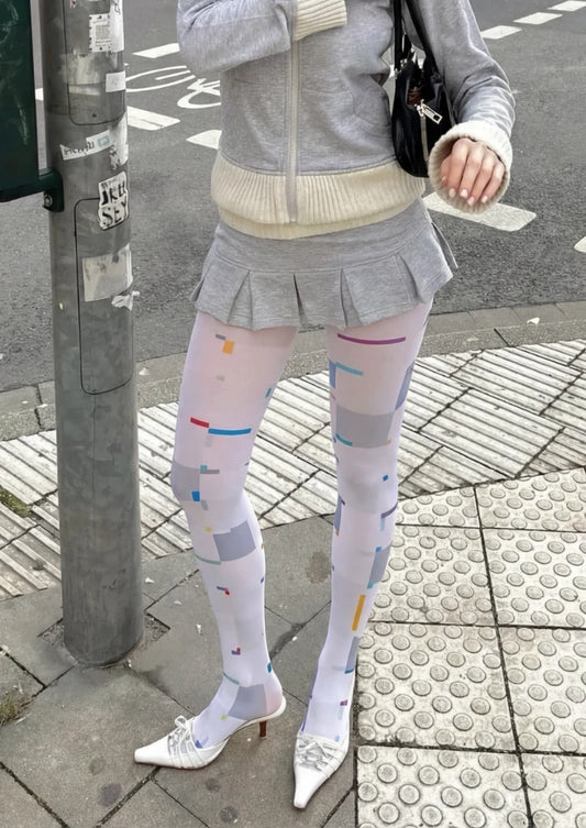 White Multicolor Geometric Graphic Tights Hosiery Pantyhose