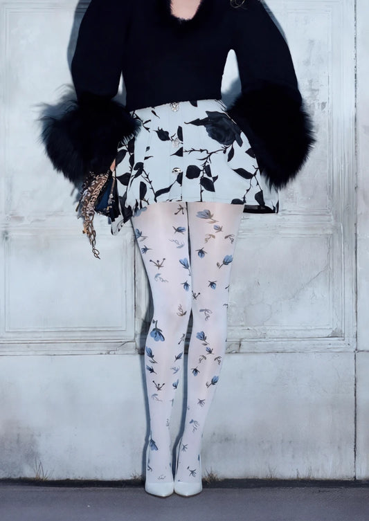 White Blue Small Floral Print Tights Hosiery Pantyhose