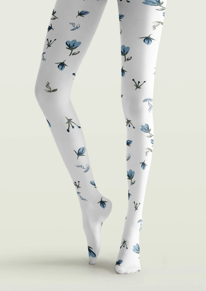 White Blue Small Floral Print Tights Hosiery Pantyhose